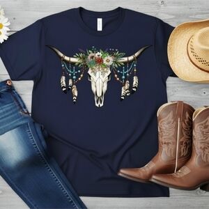 Boho Bull Skull Floral Graphic Tee Western Cowgirl Shirt Southwestern Country
